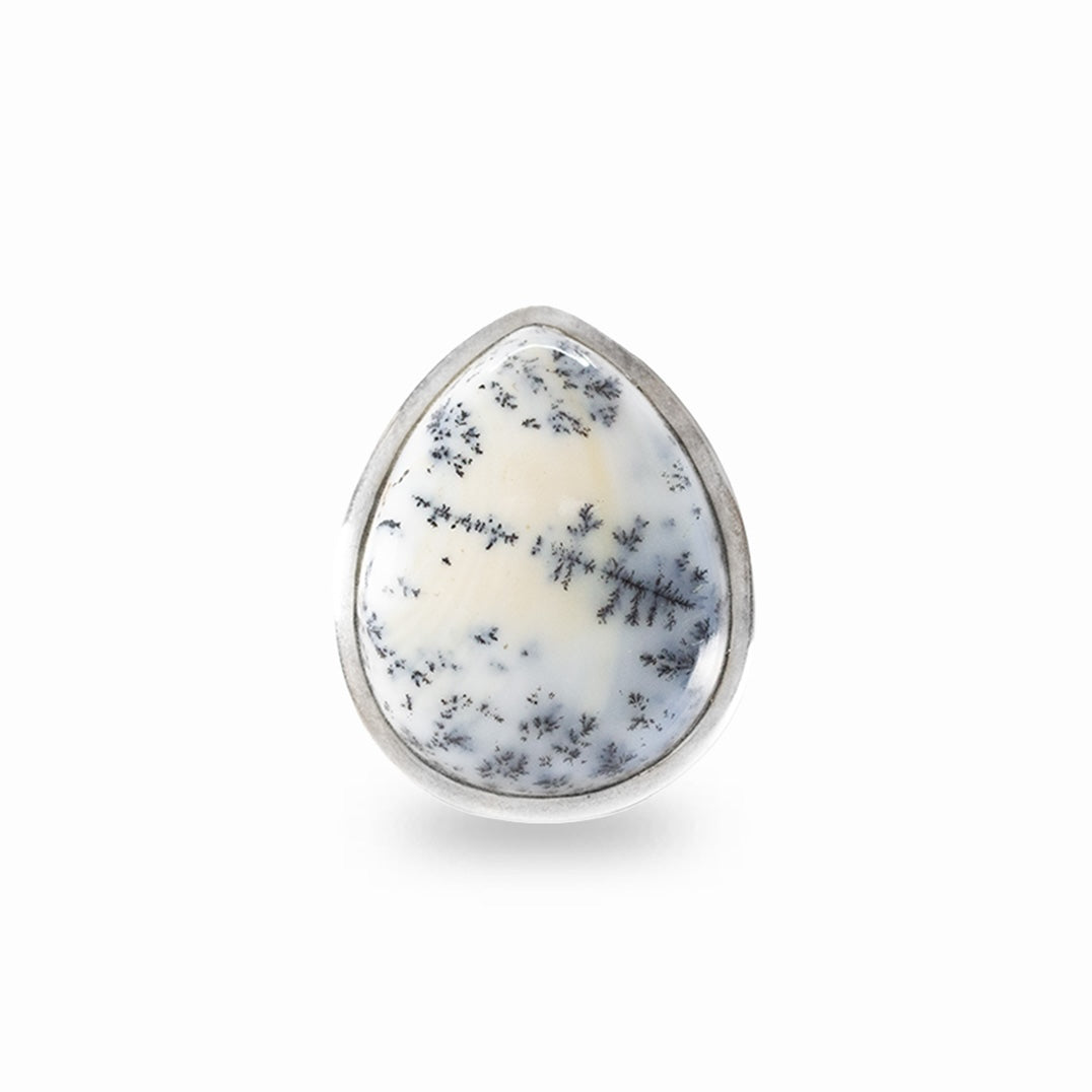 Teardrop Dendritic Opal with black branch-like inclusions framed in a smooth sterling silver setting.