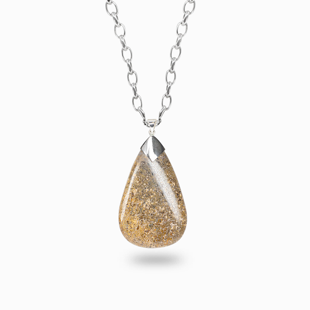 Teardrop Gembone fossilized dinosaur bone pendant necklace with intricate golden-brown cellular patterns and a sterling silver cap.