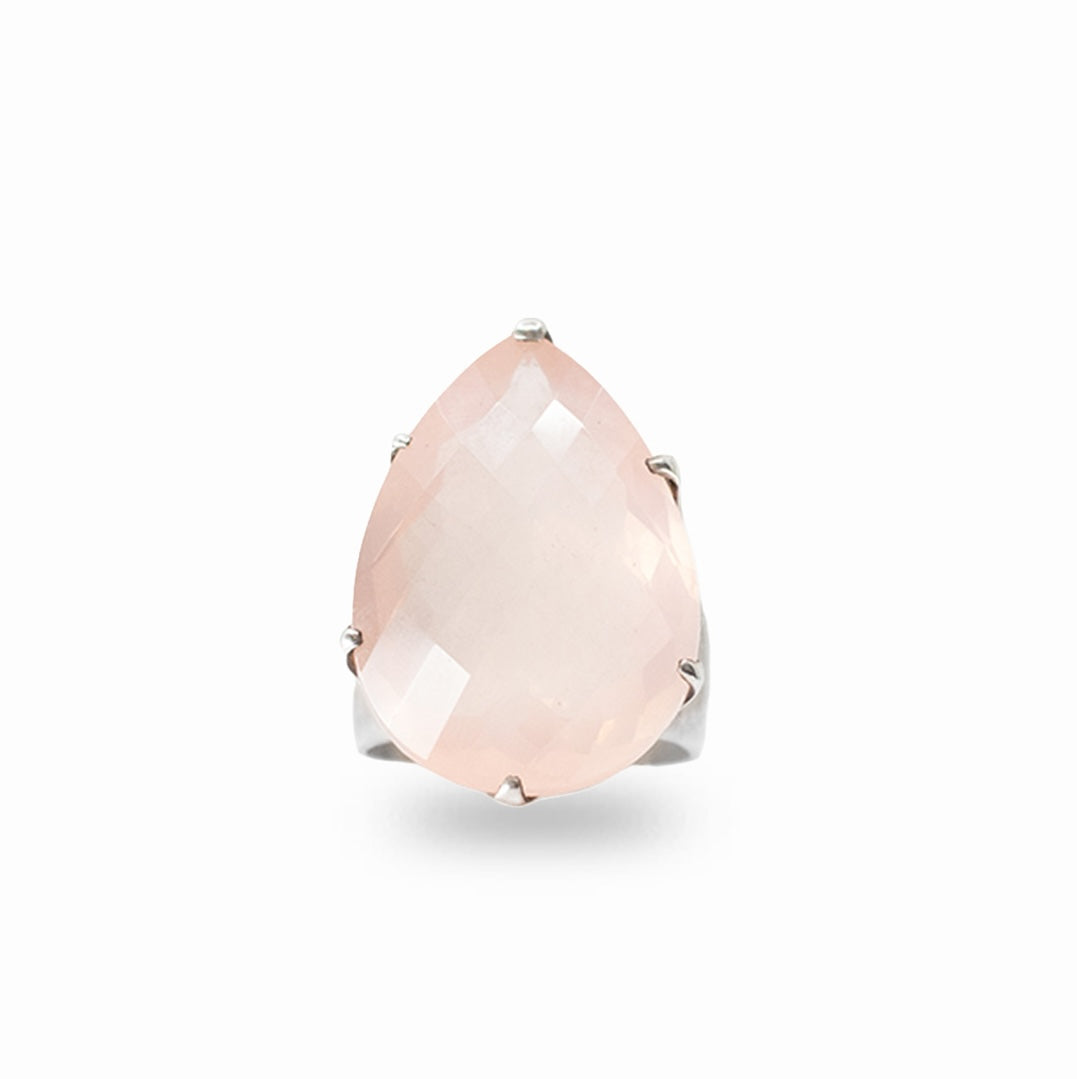 Faceted teardrop pale pink Rose Quartz gemstone held in a polished sterling silver prong setting.