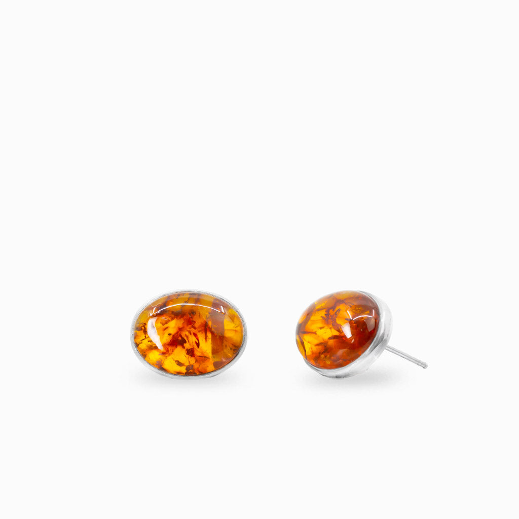 Oval amber stud earrings in sterling silver