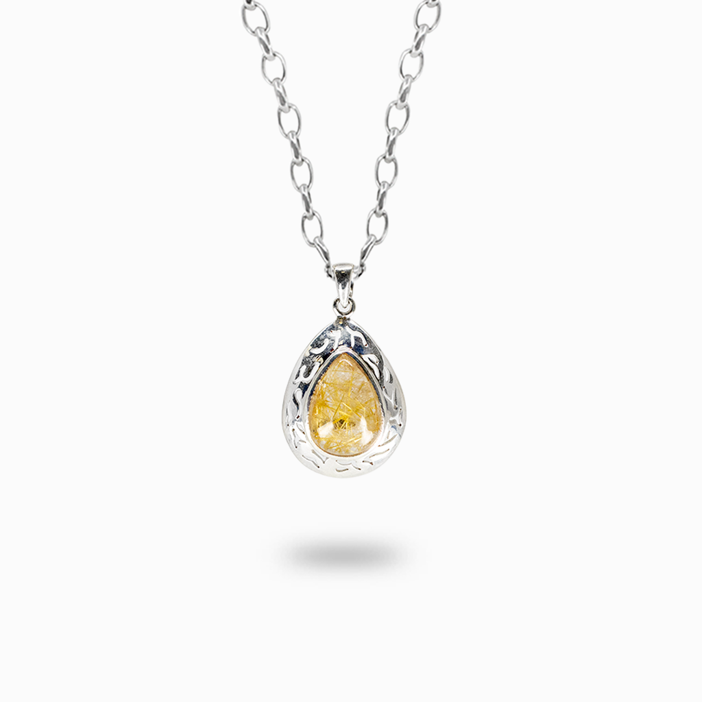 Golden Rutilated Quartz teardrop necklace in ornate sterling silver, featuring natural golden inclusions. Associated with clarity and transformation.