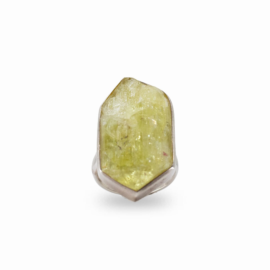 Raw yellow-green Apatite crystal with a natural angular form set in polished sterling silver.