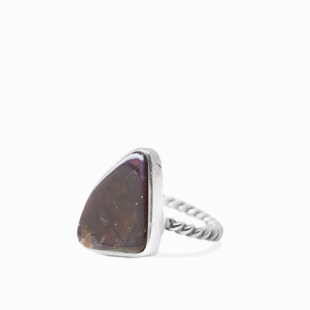 Raw ammolite organic ring in sterling silver