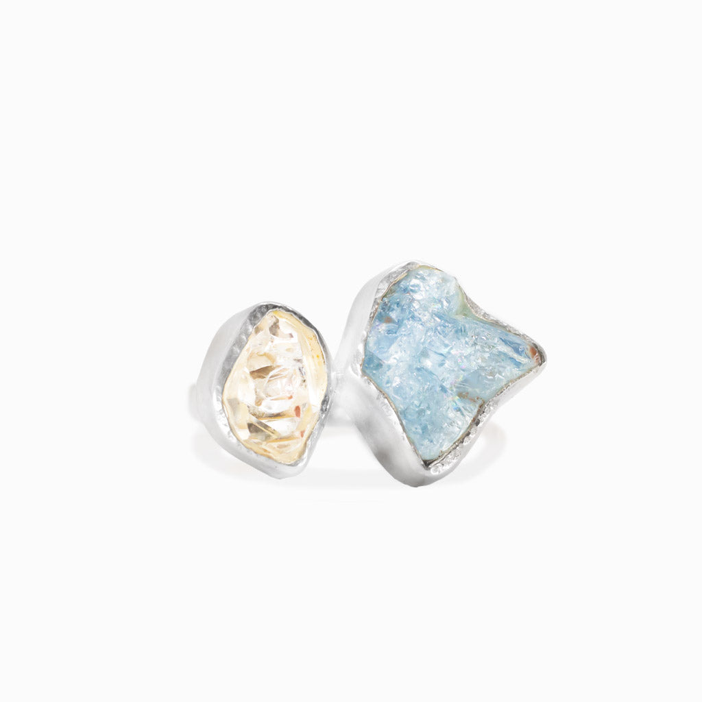 Herkimer diamond and aquamarine ring in sterling silver