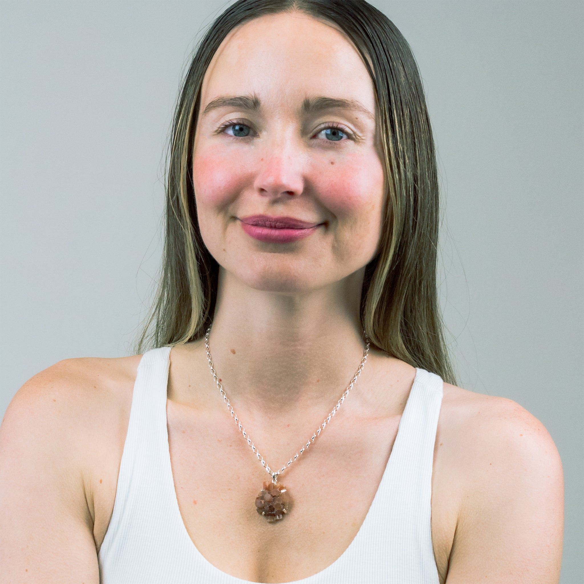 RAW ORANGE ARAGONITE NECKLACE STERLING SILVER ON MODEL | MADE IN EARTH