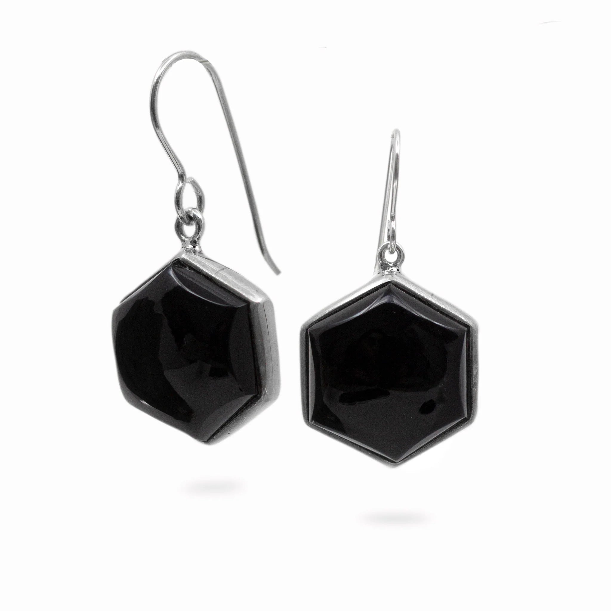 Sleek Black Onyx hexagon drop earrings in sterling silver featuring smooth cabochon gemstones for timeless elegance and protective energy.