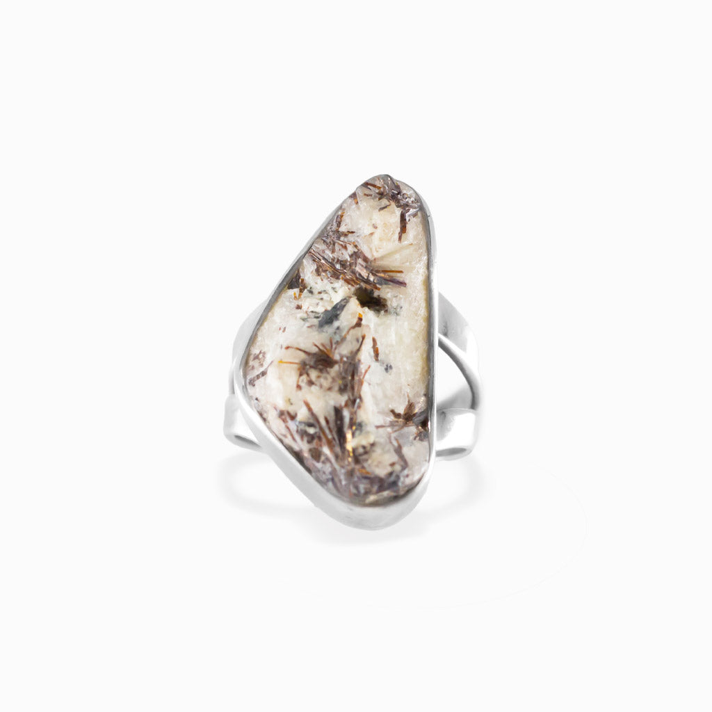Freeform Astrophyllite gemstone ring with natural bronze inclusions in sterling silver.