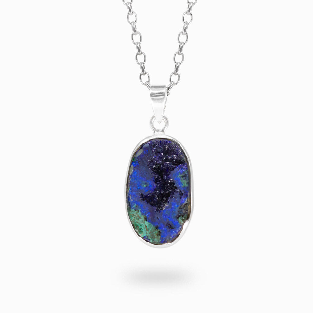 Oval blue and green Azurite Malachite pendant set in polished 925 sterling silver.