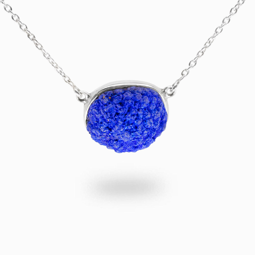 Natural Azurite crystal necklace in sterling silver with vivid blue mineral specimen.