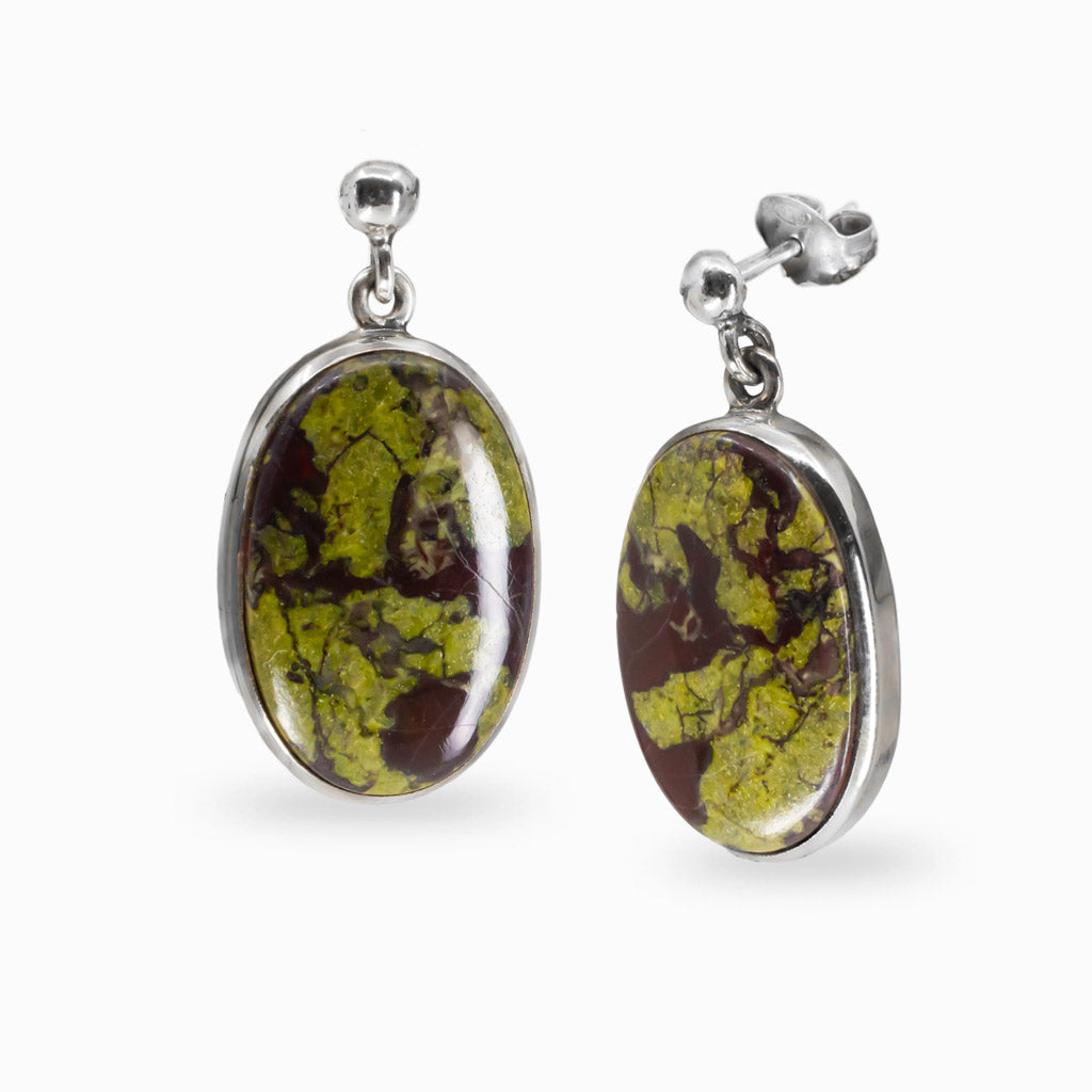 CABOCHON OVAL DRAGONS BLOOD JASPER  STERLING SILVER STUD DROP EARRINGS | MADE IN EARTH 