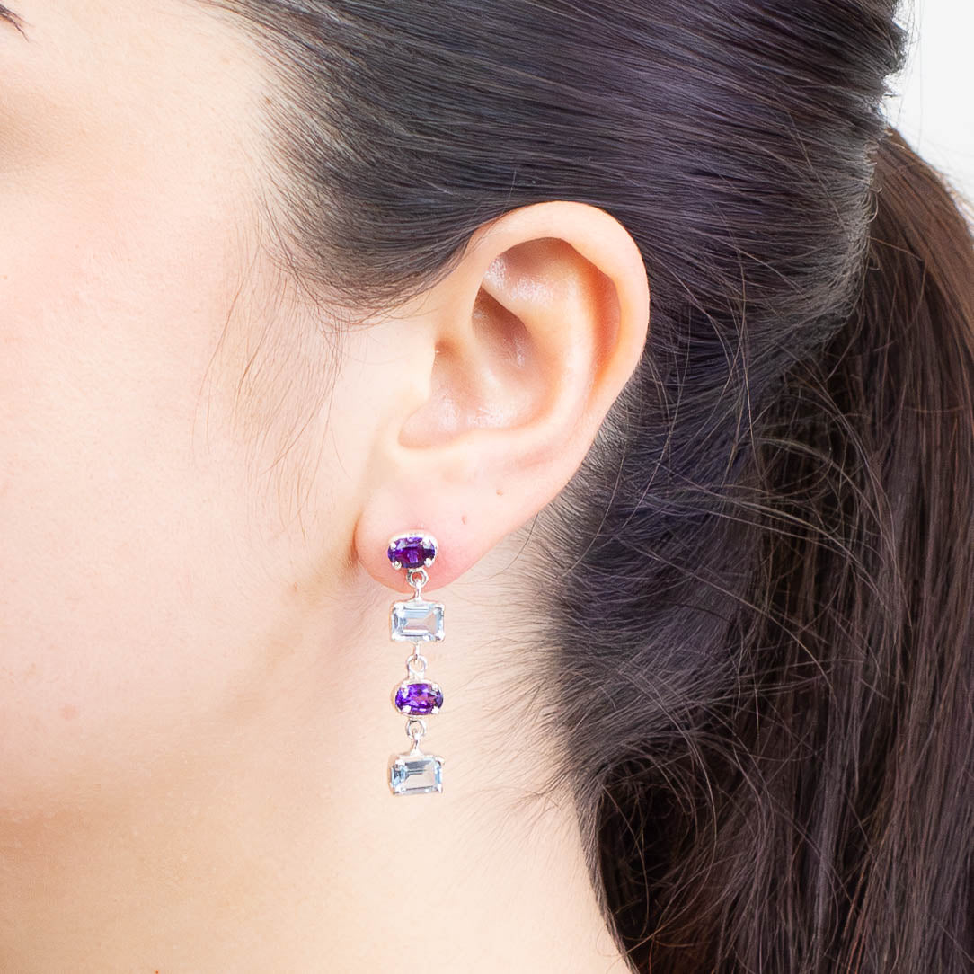 FACETED AMETHYST AND BLUE TOPAZ STUD DROP EARRINGS STERLING SILVER | MADE IN EARTH 