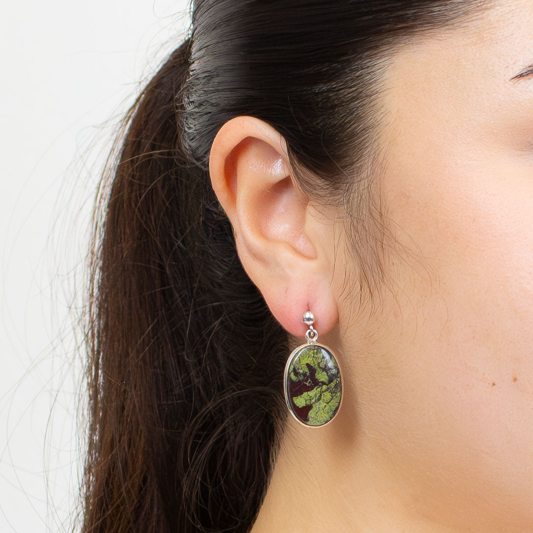 CABOCHON OVAL DRAGONS BLOOD JASPER  STERLING SILVER STUD DROP EARRINGS | MADE IN EARTH 