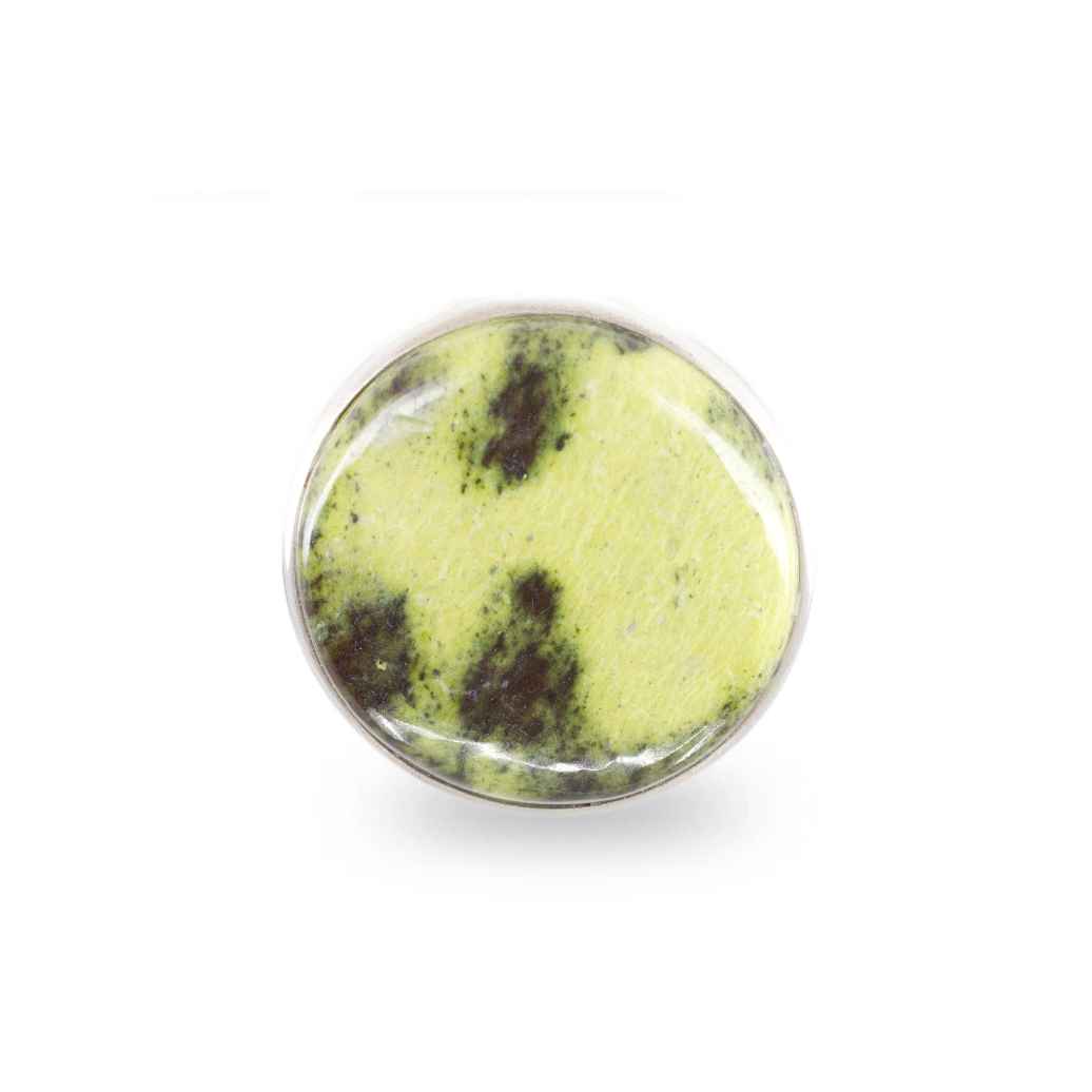 Serpentine gemstone ring with light green stone and natural dark inclusions set in silver