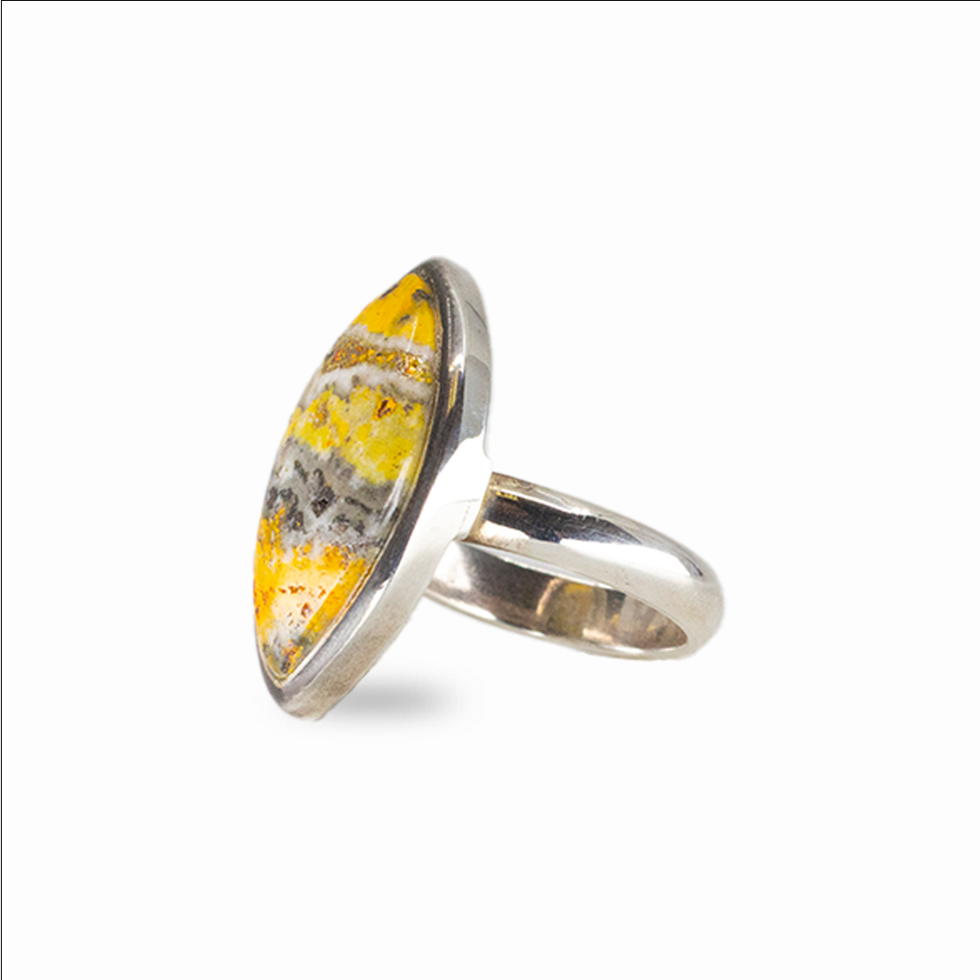 Marquise bumble bee jasper ring with yellow and gray banded gemstone set in silver