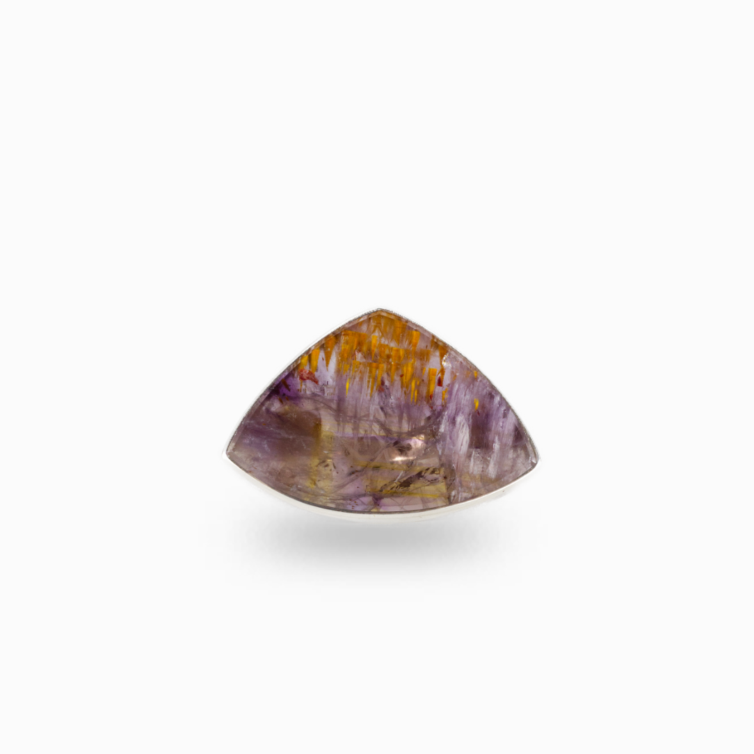 Cacoxenite in Amethyst ring with golden inclusions set in sterling silver band