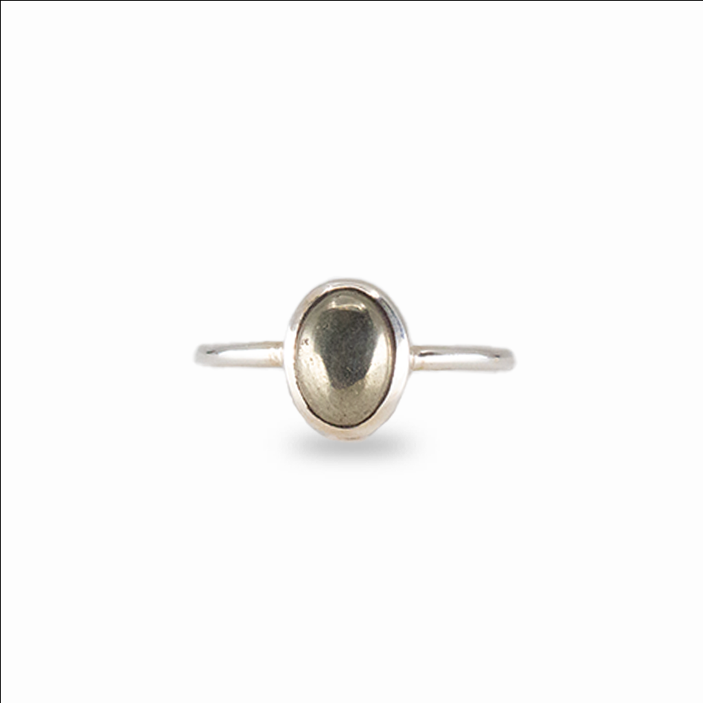 Oval pyrite ring with natural golden metallic crystal set in sterling silver