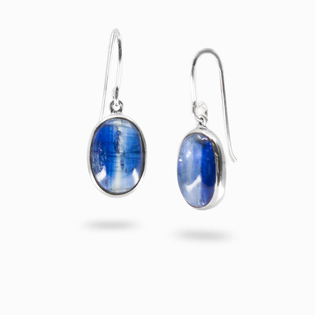 Oval Blue Kyanite cabochon sterling silver drop earrings.