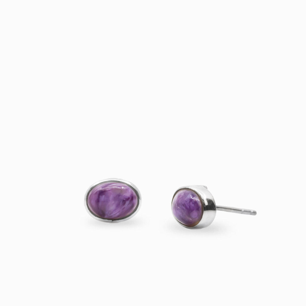 Oval Charoite cabochon stud earrings bezel set in sterling silver.