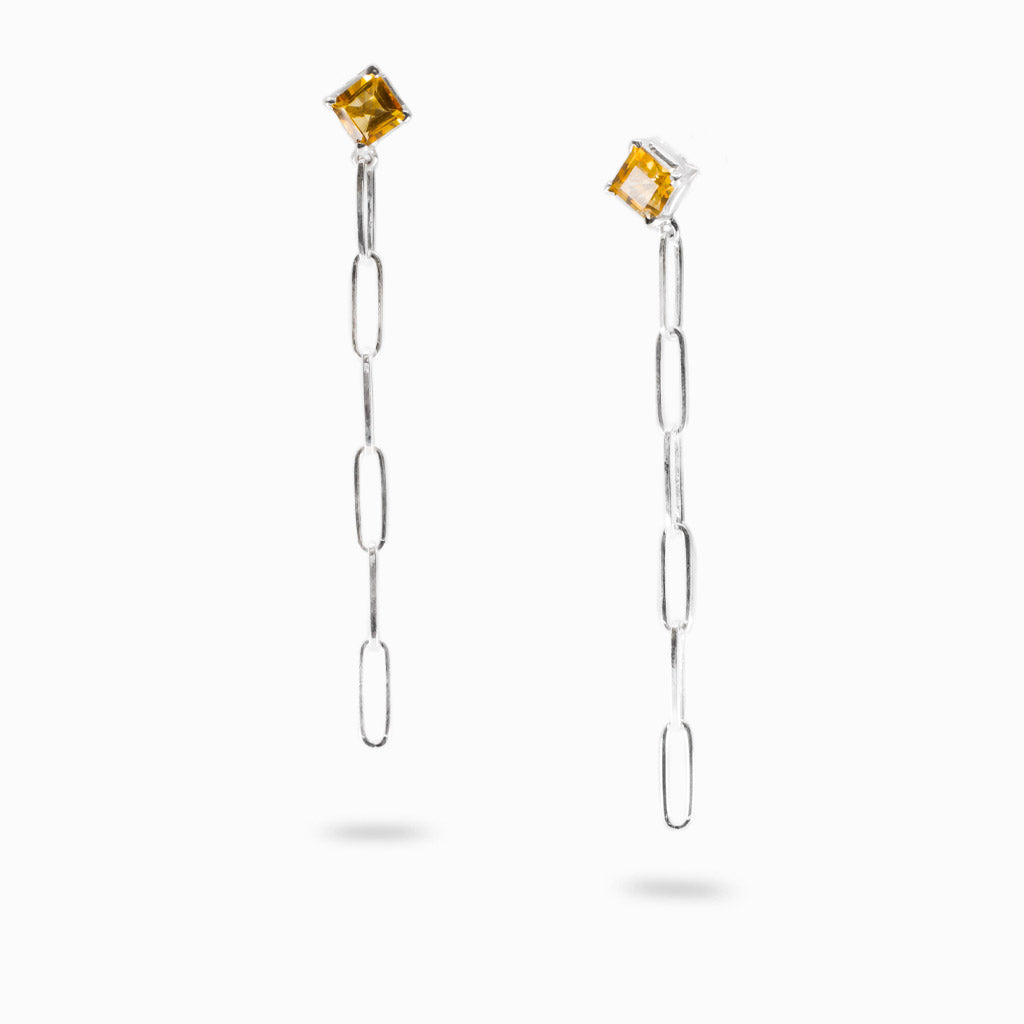 Square faceted golden Citrine drop earrings in polished 925 sterling silver with elongated open-link chain drops.