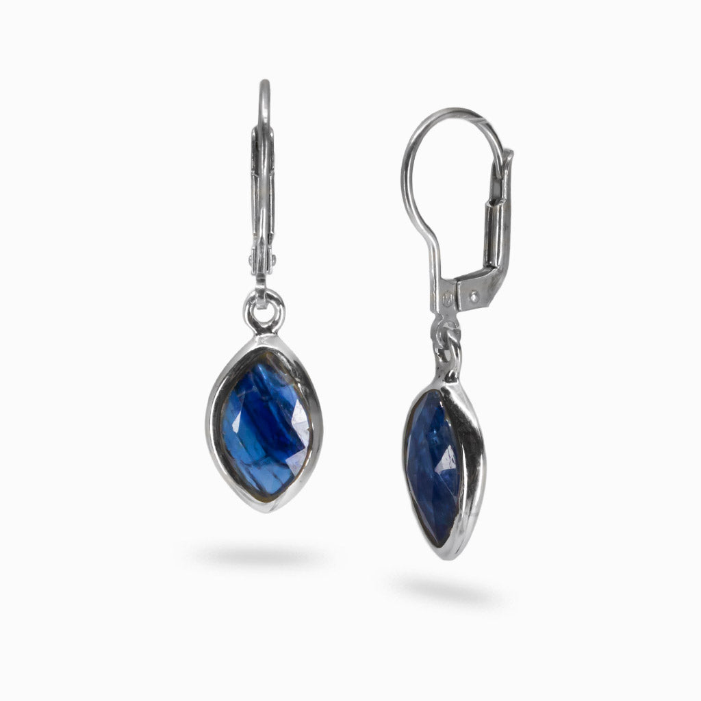 Faceted Kyanite drop earrings in sterling silver with layered blue gemstone and French clasp hooks. | MADE IN EARTH