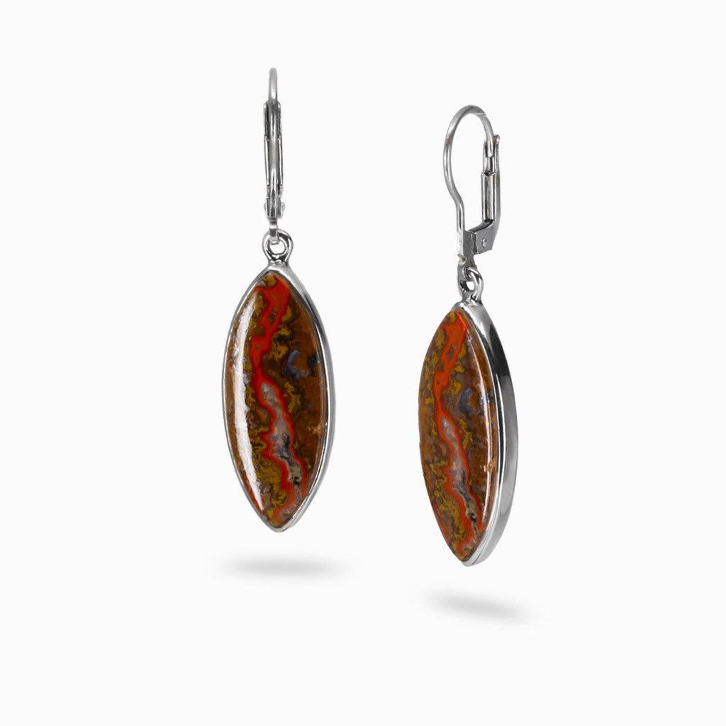 Moroccan seam agate marquise cabochon earrings with red and brown banding set in sterling silver lever-back hooks. | MADE IN EARTH