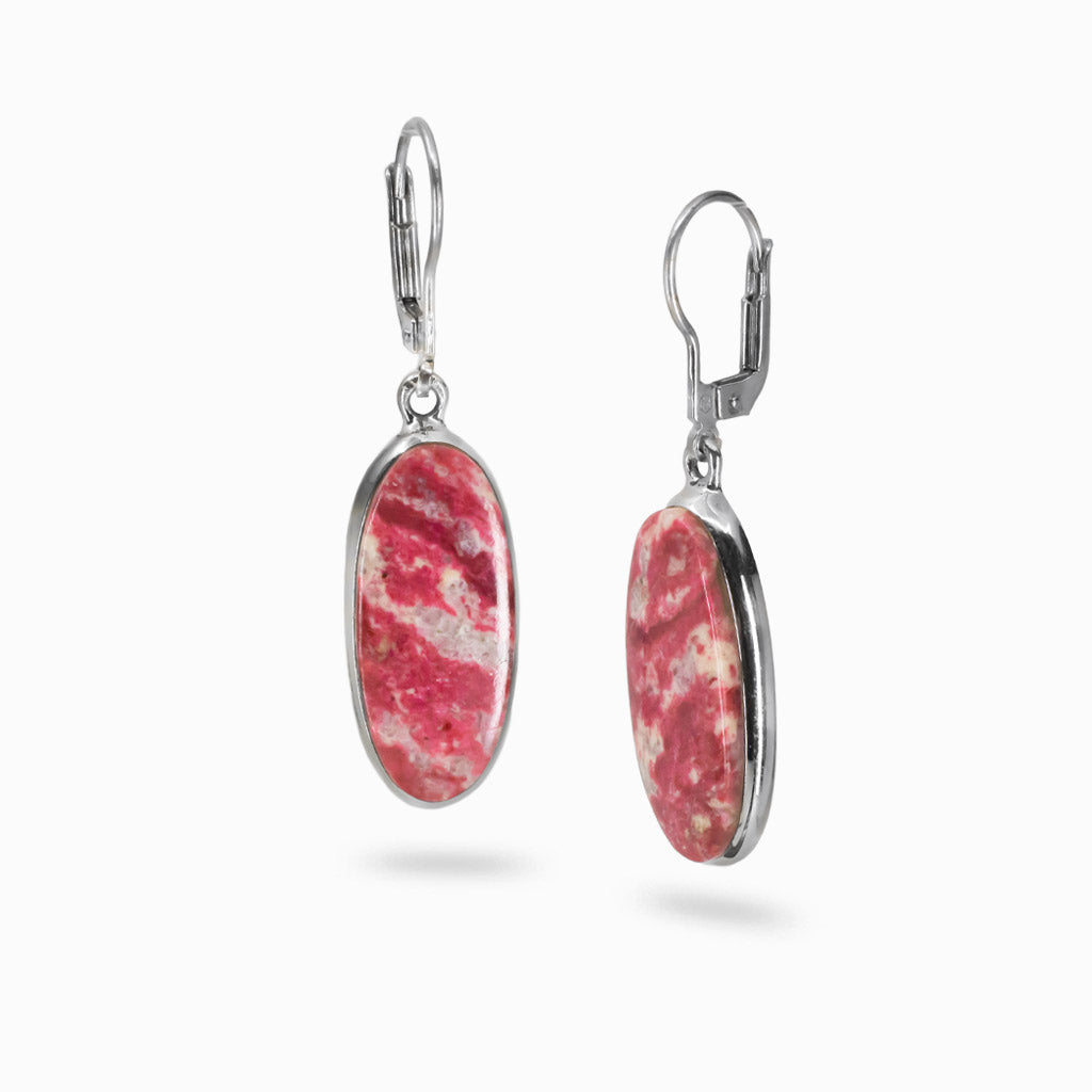 Thulite oval cabochon earrings in sterling silver with natural pink and cream marbled gemstone and lever-back hooks | MADE IN EARTH