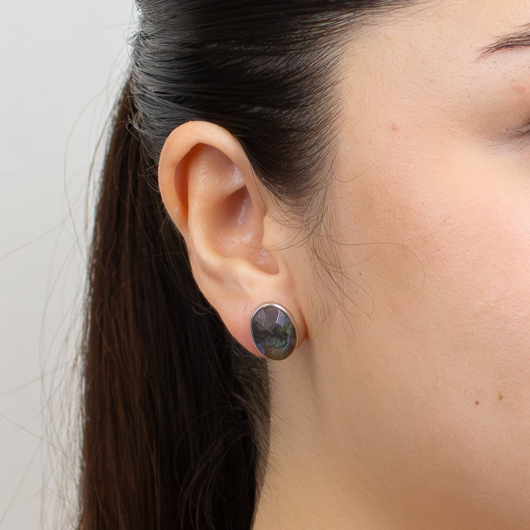 faceted labradorite oval stud earrings sterling silver |on model  made in earth