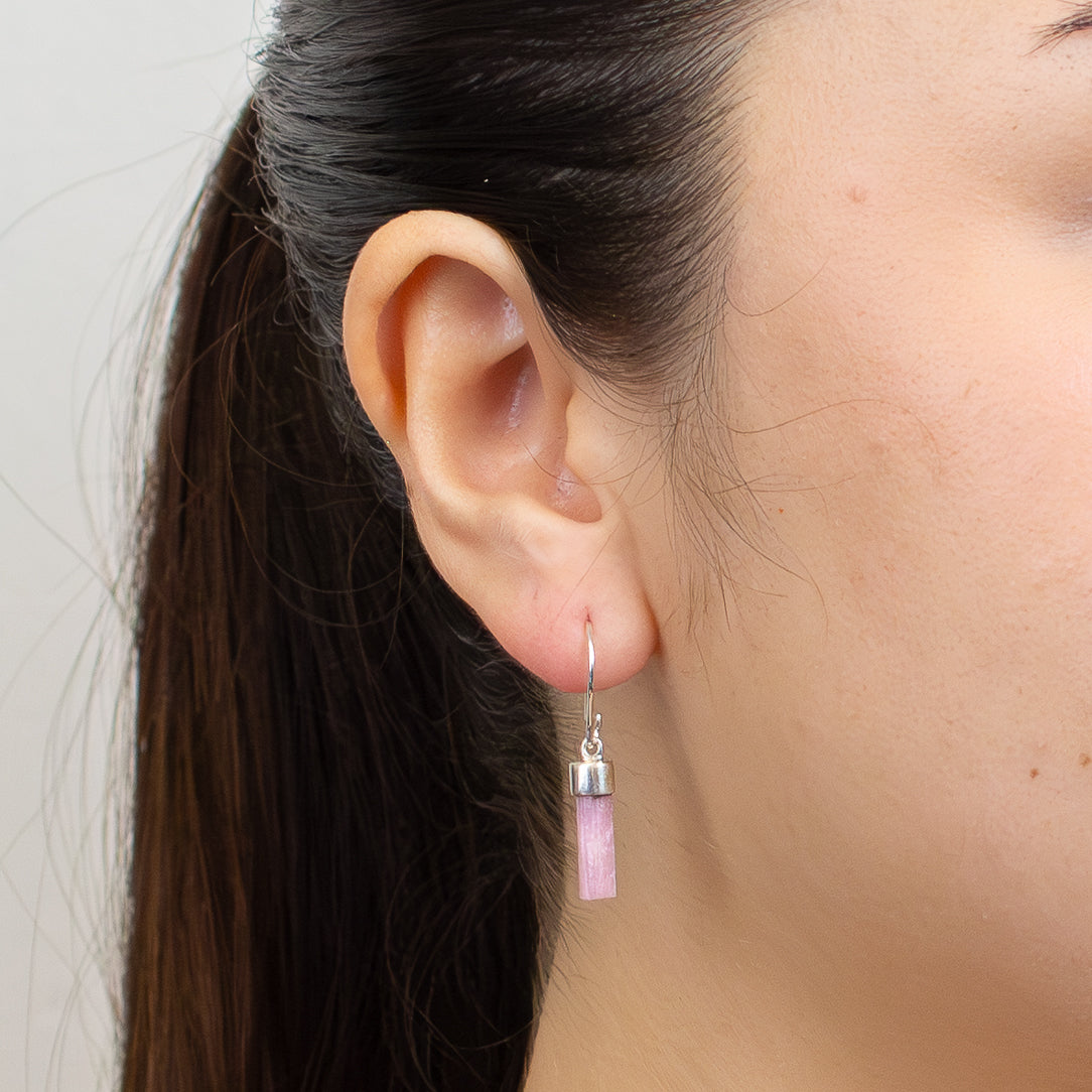 Raw PINK YOUTMALINE PENCIL DROP EARRINGS on model | made in earth