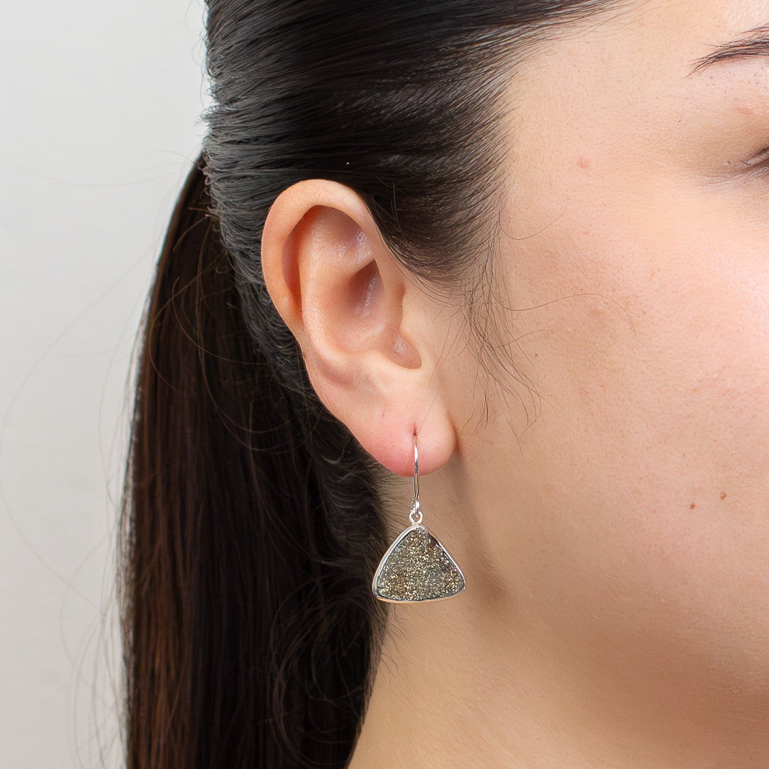 Triangle rainbow pyrite druzy earrings with metallic gold sparkle set in sterling silver hooks.
