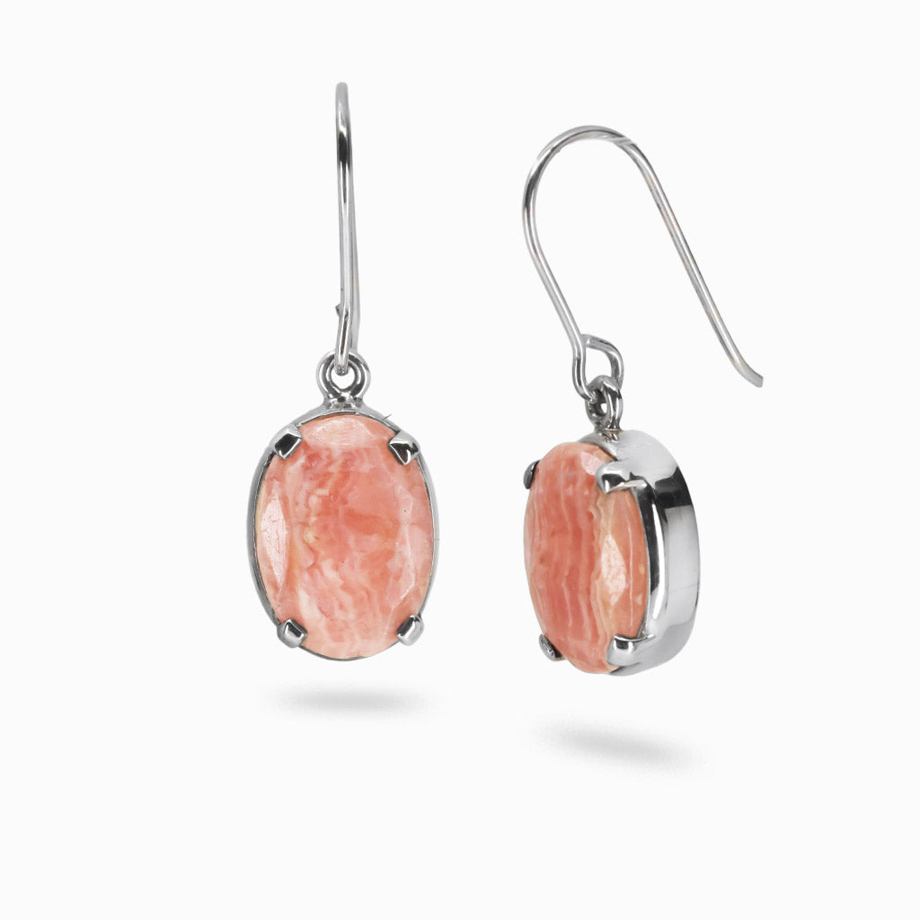 Faceted oval rhodochrosite drop earrings in sterling silver with pink and rose marbled gemstones.