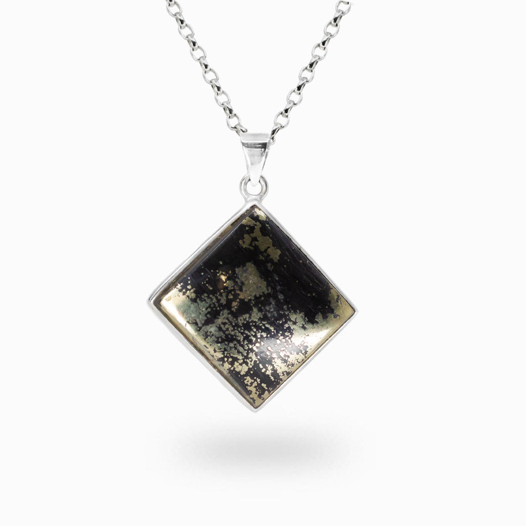Diamond-shaped Apache Gold pendant with metallic gold and dark matrix in polished 925 sterling silver.