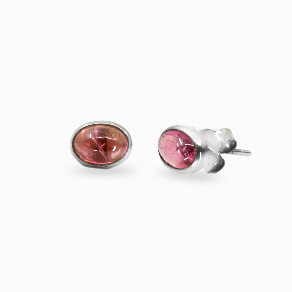 CABOCHON PINK TOURMALINE OVAL STUD EARRINGS 