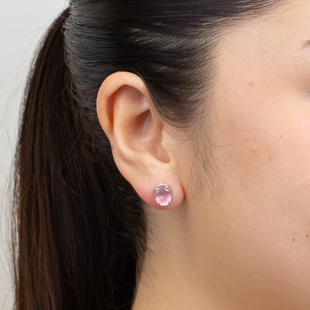 FACETED OVAL PINK ROSE QUARTZ STUD EARRINGS IN STERLING SILVER CLAW 