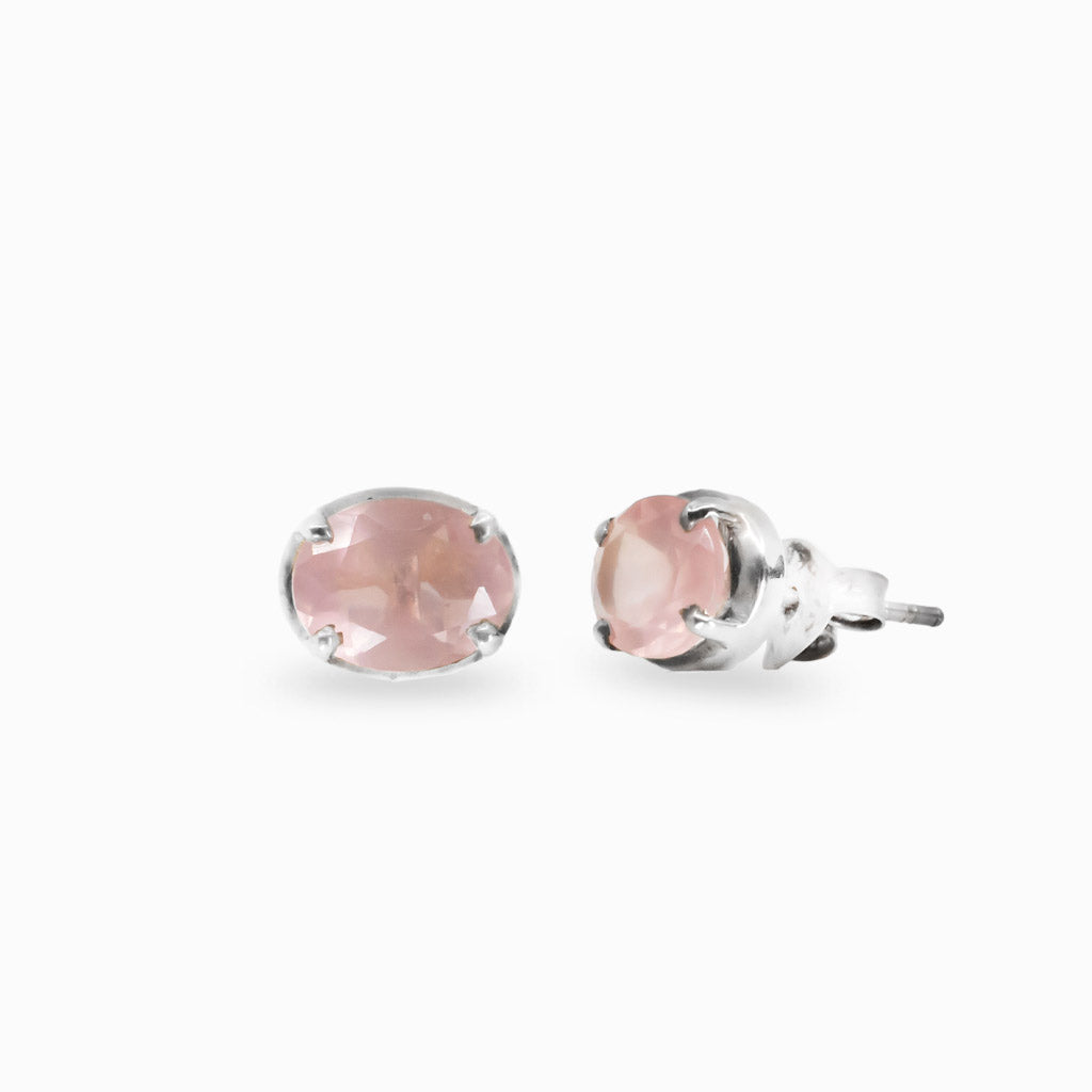 FACETED OVAL PINK ROSE QUARTZ STUD EARRINGS IN STERLING SILVER CLAW 