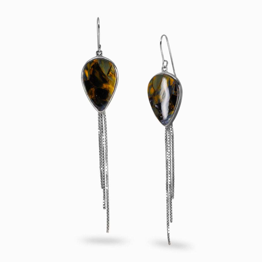 Pietersite teardrop earrings in sterling silver with chain-fringe drops and swirling blue-gold patterns | MADE IN EARTH