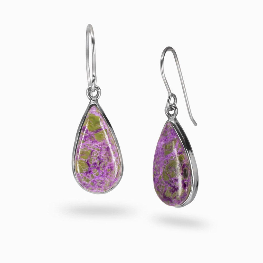 Purpurite teardrop earrings in sterling silver with purple and olive-green natural patterns. | MADE IN EARTH 
