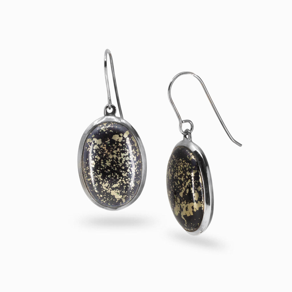 Swiss Pyrite oval cabochon earrings in sterling silver with black stone and gold flecks. | MADE IN EARTH