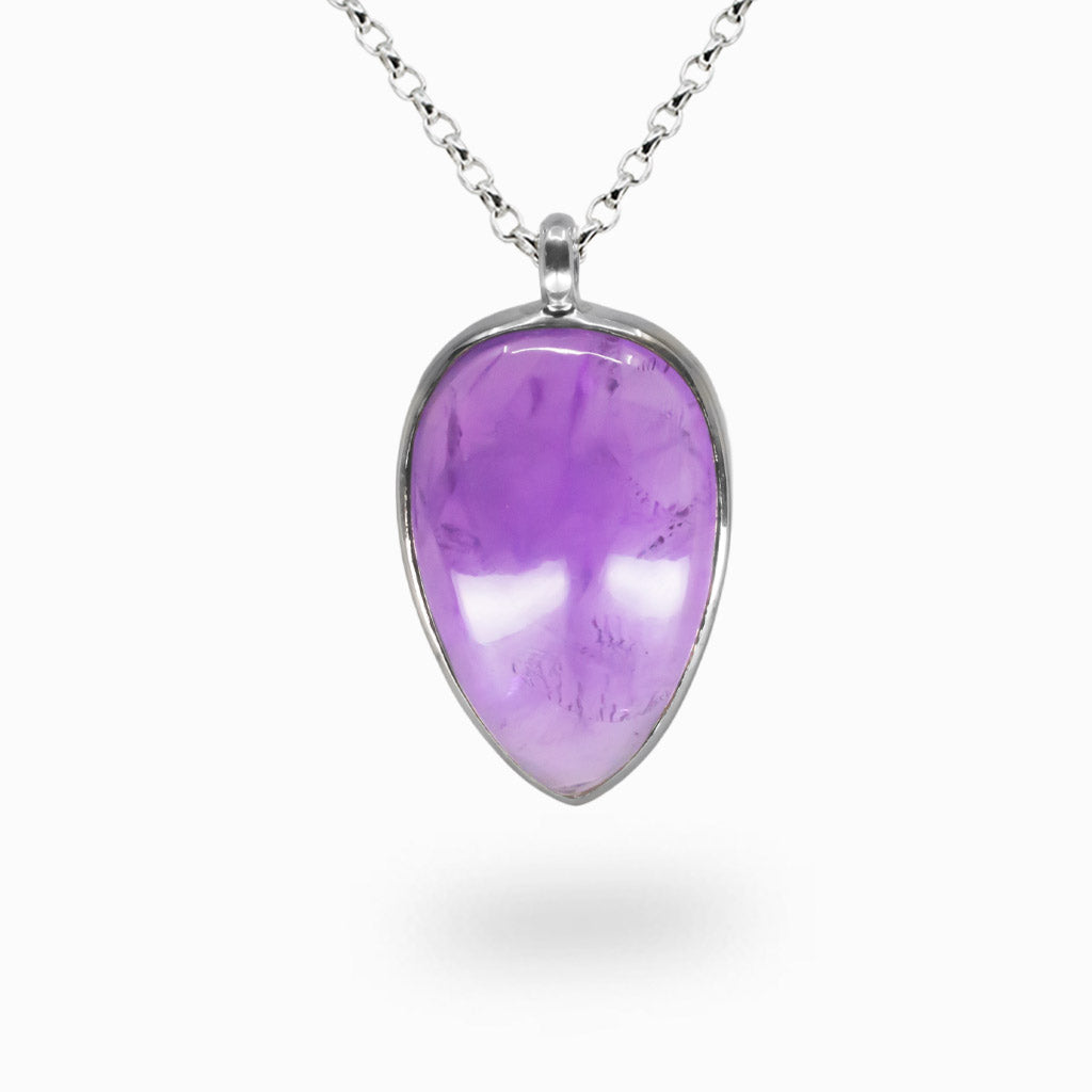 Teardrop amethyst cabochon necklace with smooth purple gemstone set in sterling silver.| MADE IN EARTH