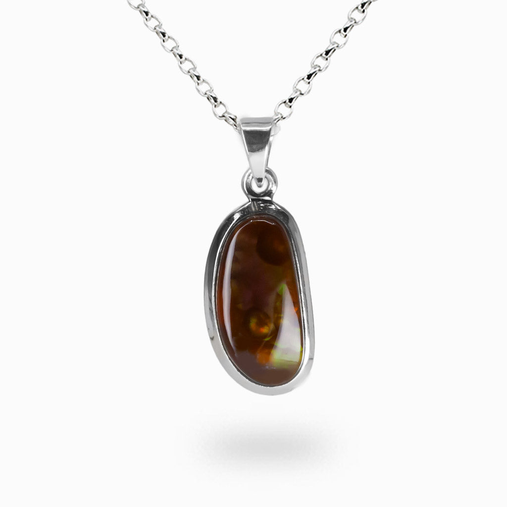 Mexican Fire Agate necklace with natural brown and iridescent internal structure set in sterling silver