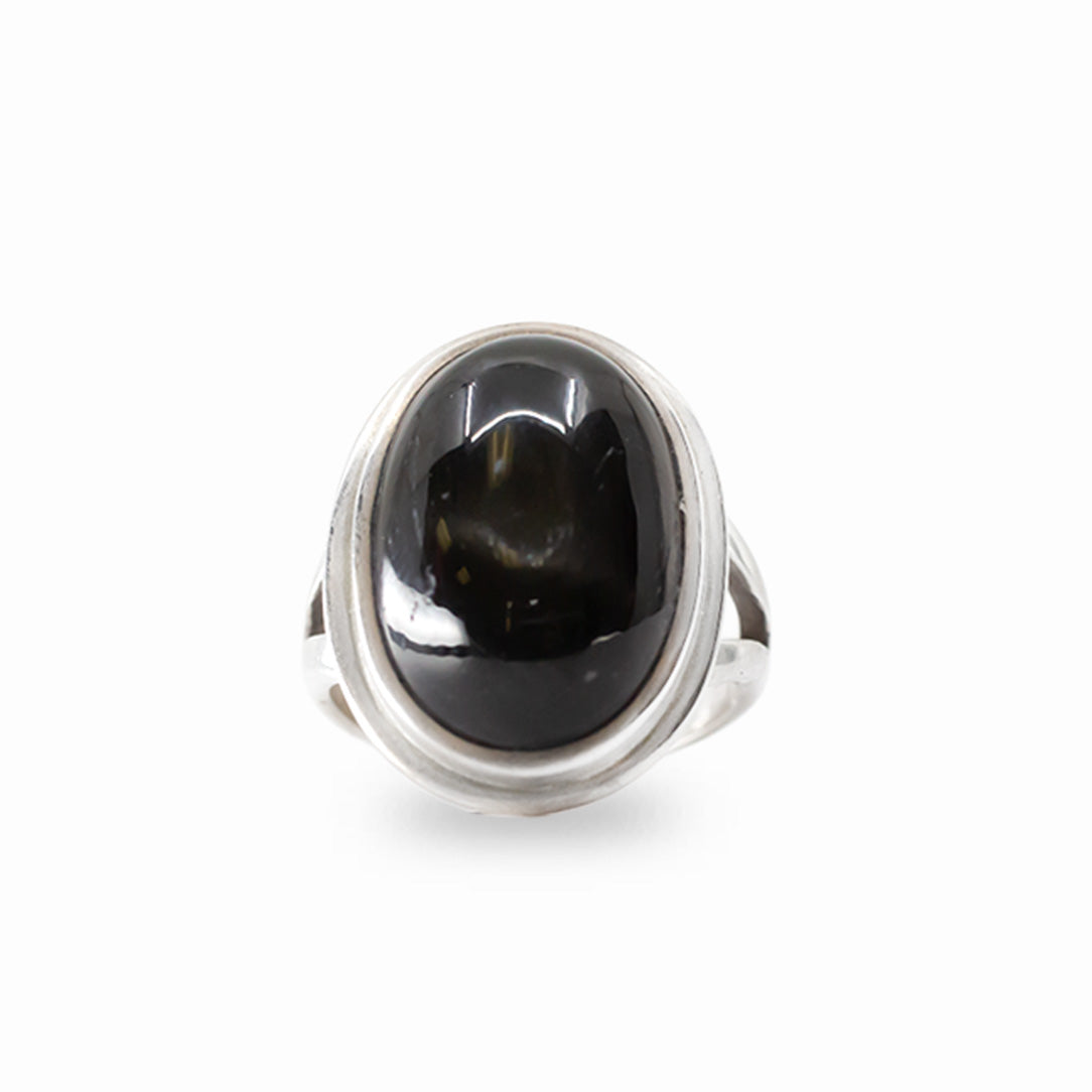 Oval Black Star Diopside cabochon ring set in polished 925 sterling silver.