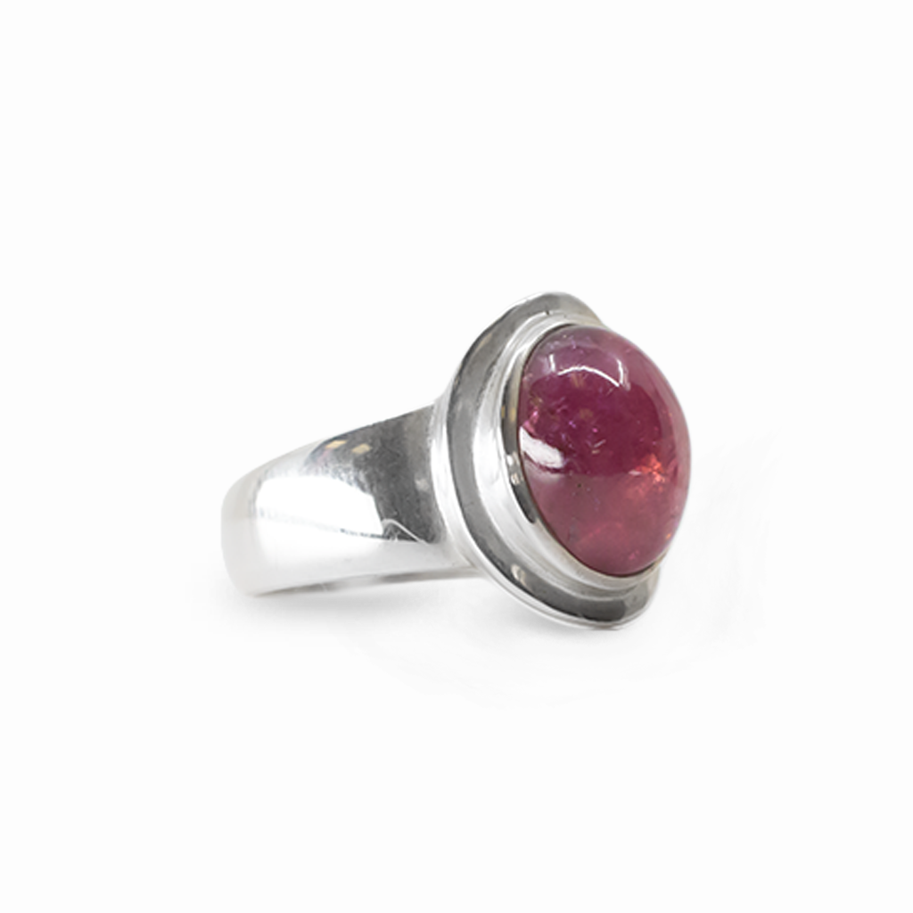 Oval Pink Tourmaline cabochon ring set in polished 925 sterling silver.