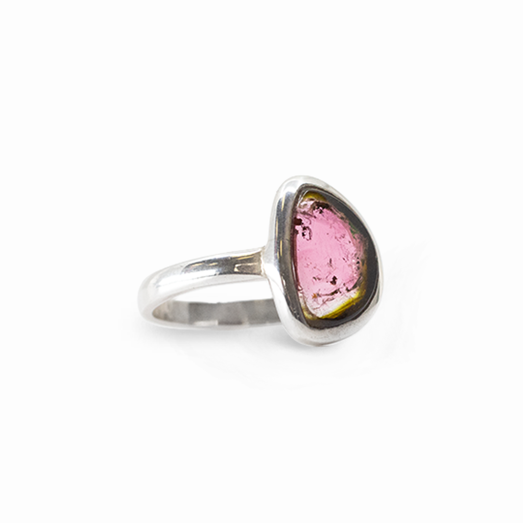 Asymmetrical Watermelon Tourmaline cabochon ring featuring pink and green hues in a polished 925 sterling silver bezel setting with a slender band.