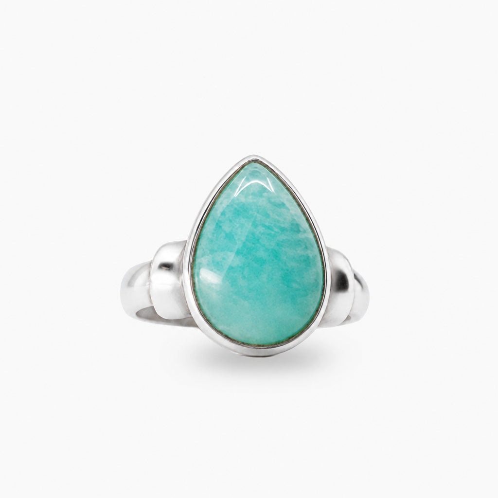 Pear-shaped turquoise-blue Amazonite cabochon ring set in polished 925 sterling silver.