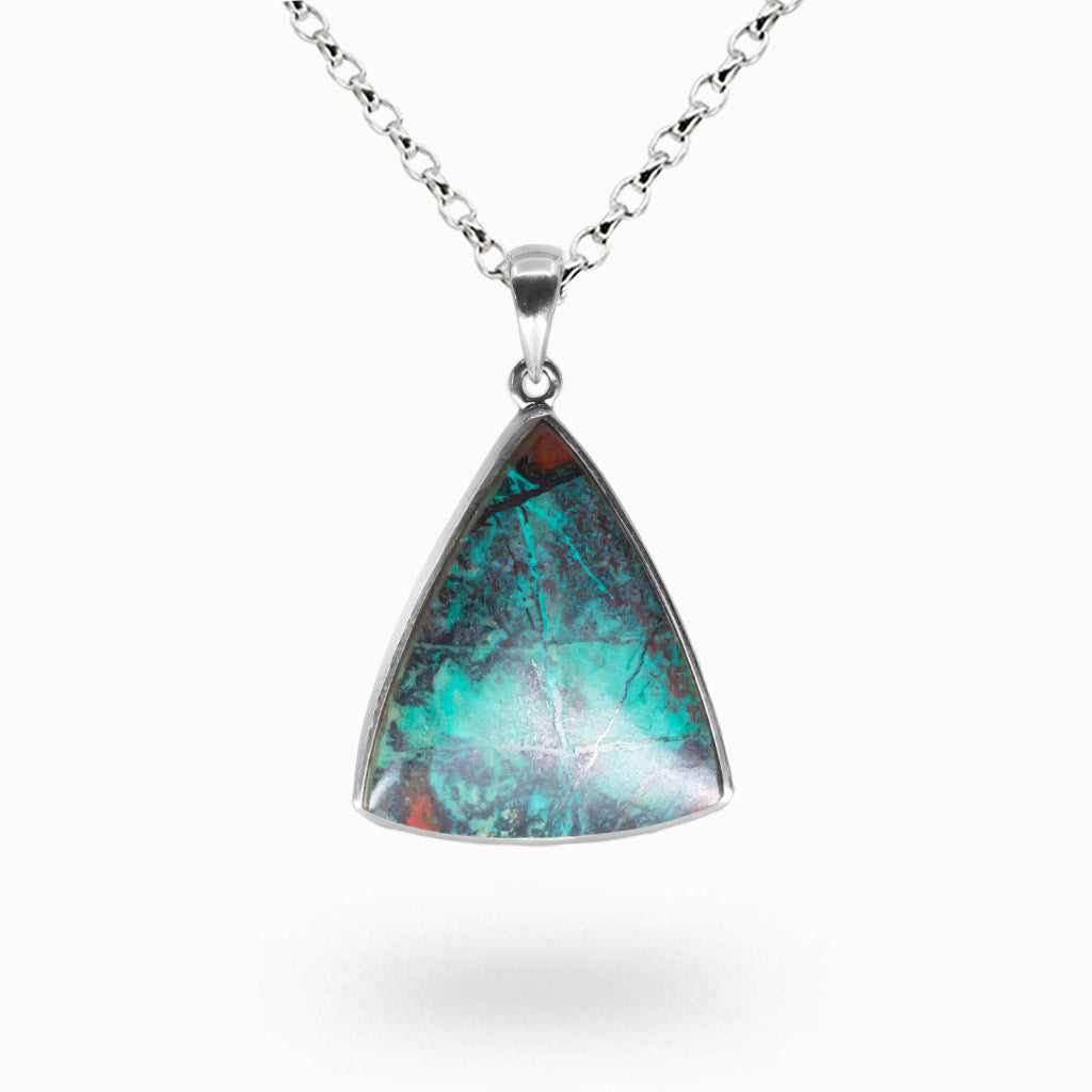 Chrysocolla Cuprite triangle necklace with turquoise blue, deep red, and black gemstone set in a sterling silver bezel pendant. | MADE IN EARTH