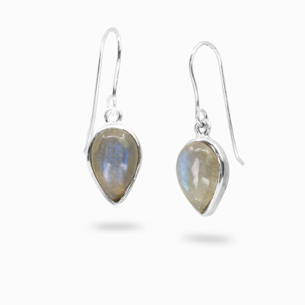 Sterling silver teardrop Labradorite drop earrings with natural blue flash.
