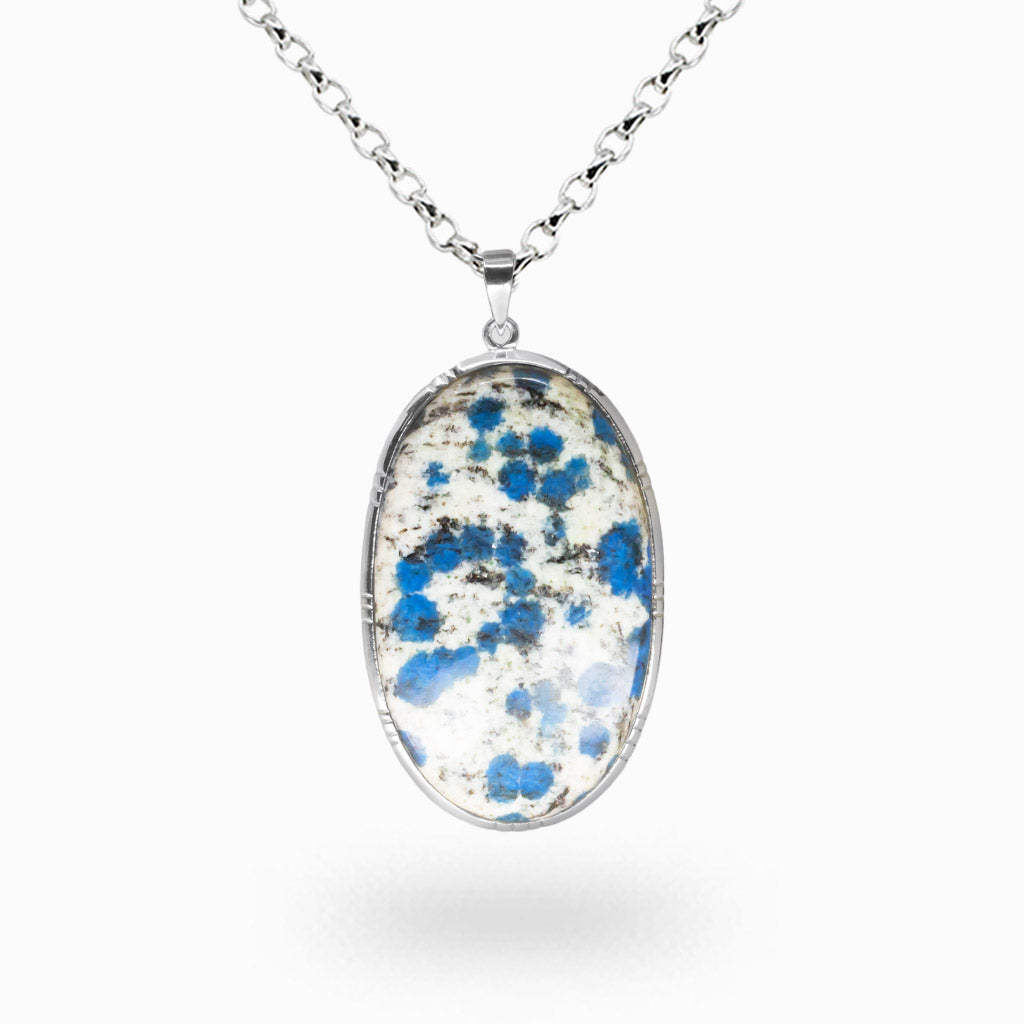 K2 jasper necklace in sterling silver featuring rare blue spot stone, higher consciousness energy, and bold natural statement style.| MADE IN EARTH