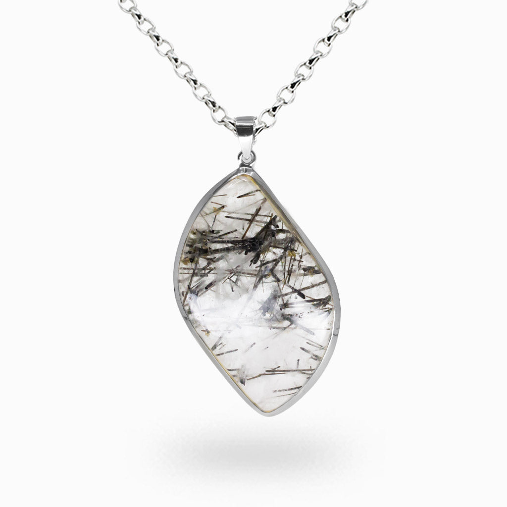 Tourmalinated quartz necklace with black tourmaline inclusions set in sterling silver teardrop pendant. | MADE IN EARTH