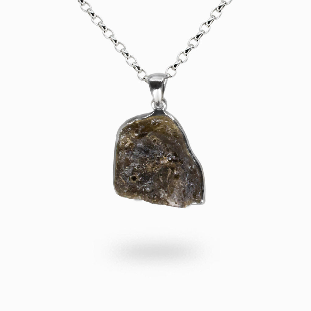 Raw Darwin Glass tektite necklace in sterling silver bezel, dark natural meteorite stone pendant. | MADE IN EARTH