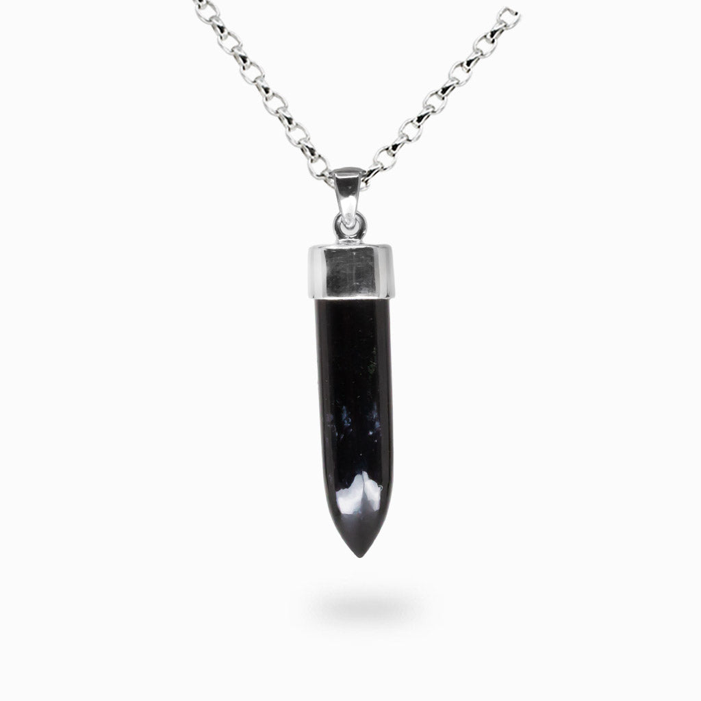 Pencil-shaped black tourmaline necklace set in sterling silver with a polished finish.