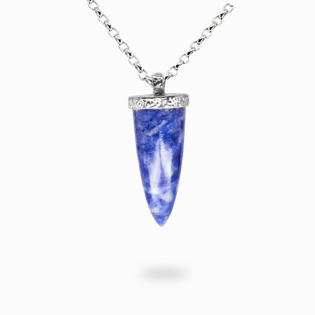 Pencil-shaped sodalite necklace with deep blue stone set in sterling silver pendant.